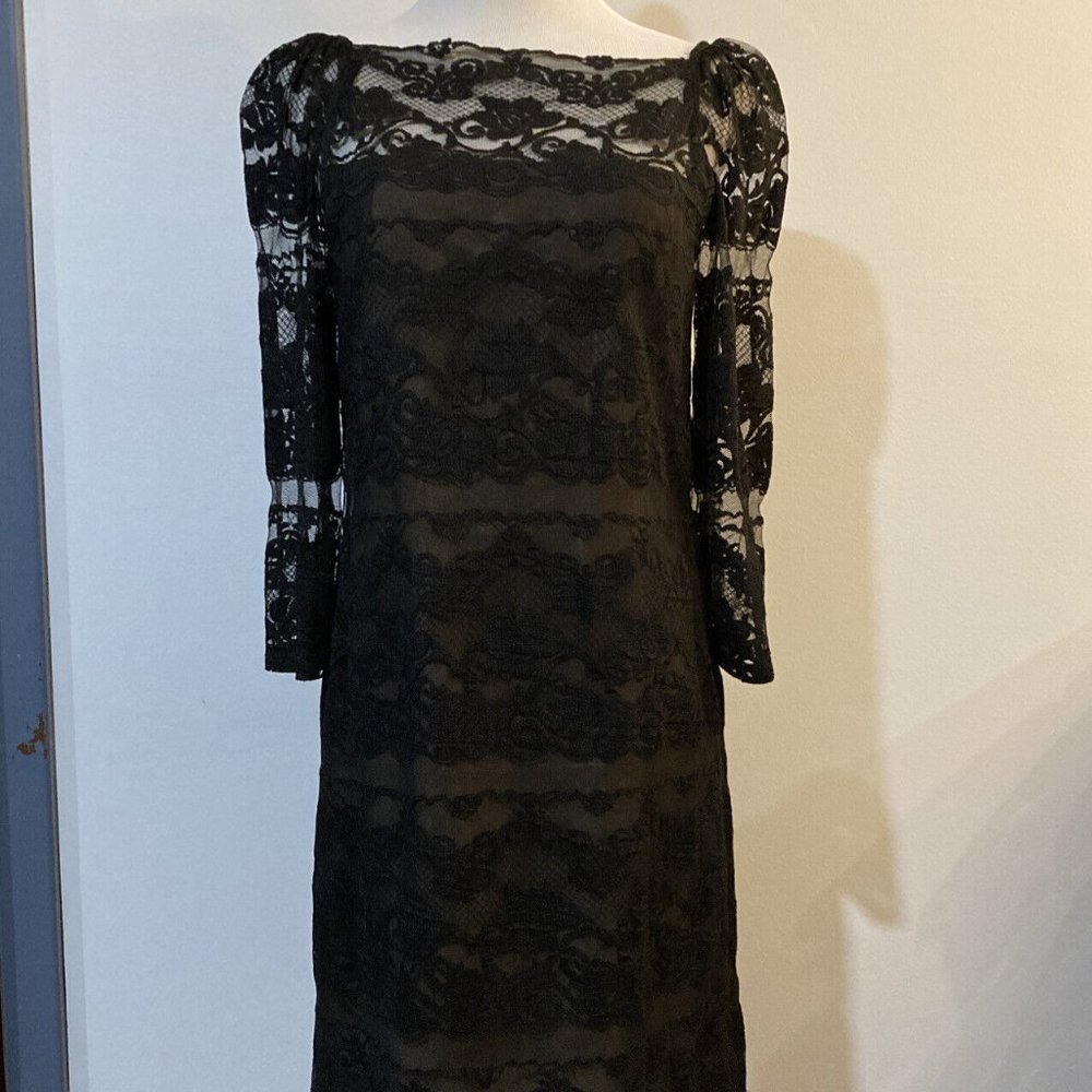 Vintage 1960s Anthony Muto Black Lace Dress Union Made in USA Puff Sleeve Size 8